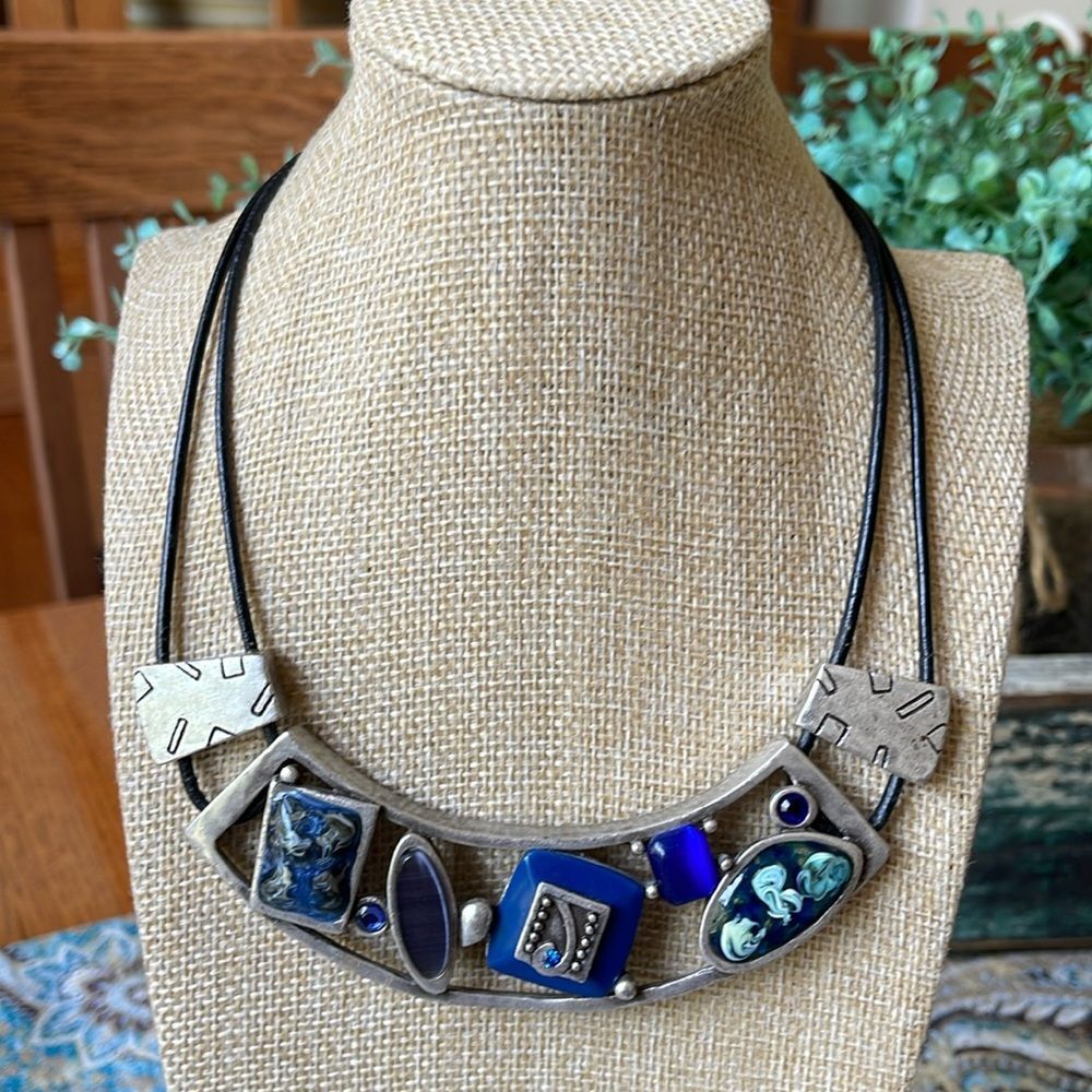 Chico’s Blue Enamel Pewter Tone Corded Statement Necklace